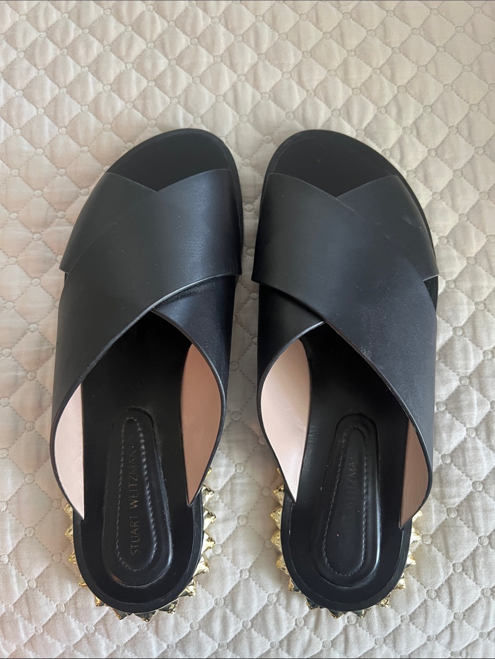 Stuart Weitzman Black Leather Crisscross Slide Mules with Gold Stud Heel